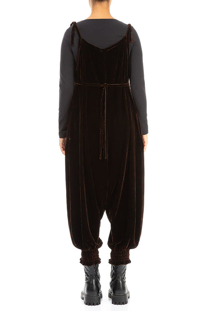Tie Strap Chocolate Silk Velvet Jumpsuit 2