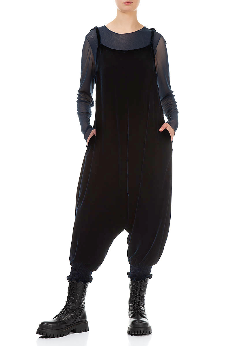 Tie Strap Navy Silk Velvet Jumpsuit 5