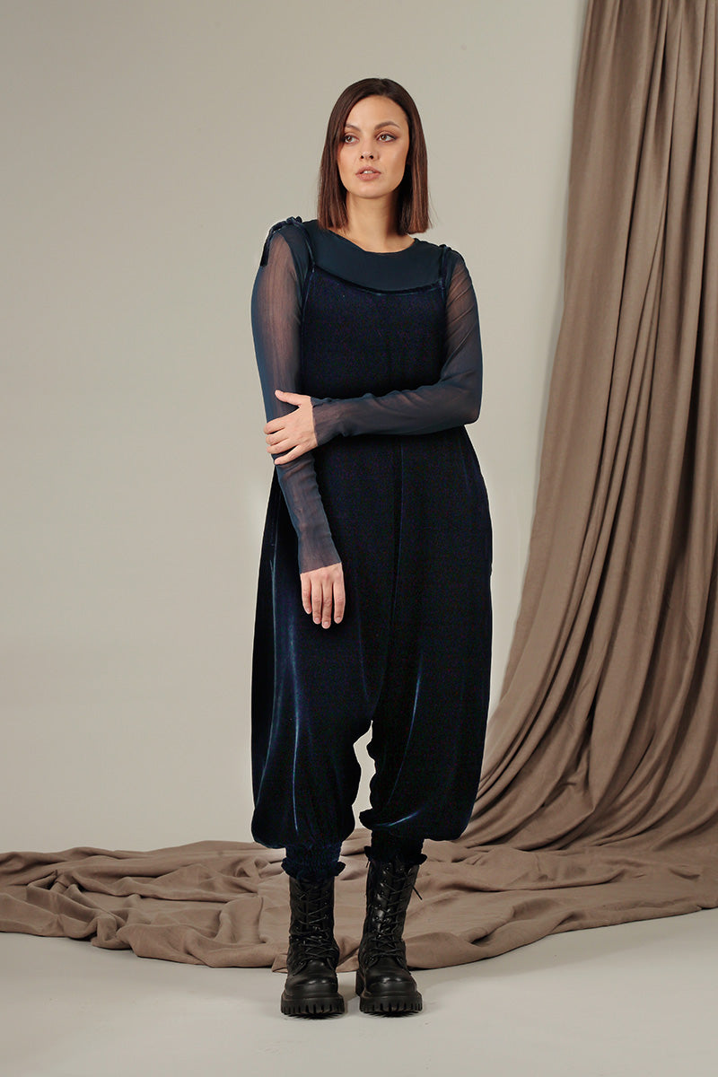 Tie Strap Navy Silk Velvet Jumpsuit 7
