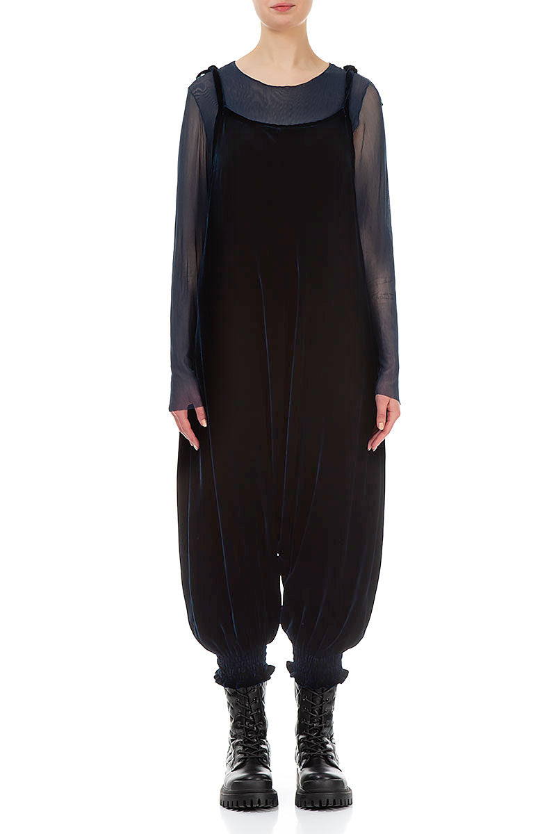 Tie Strap Navy Silk Velvet Jumpsuit 2