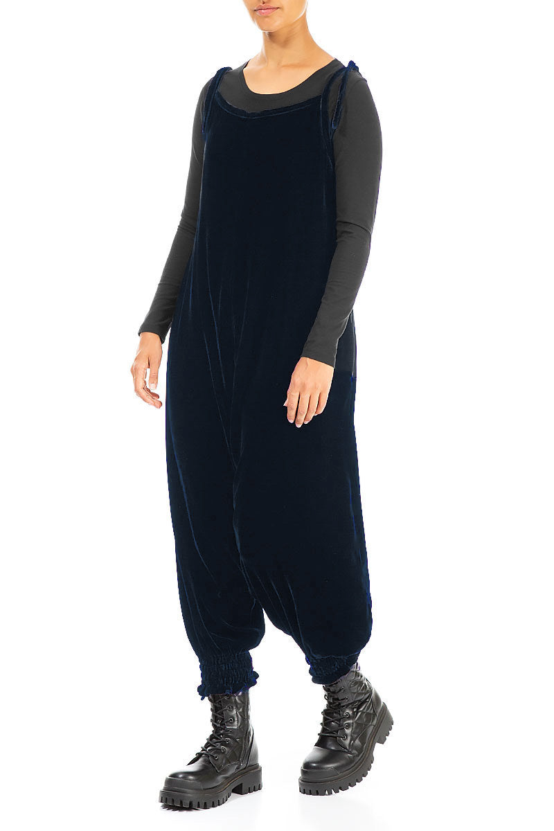 Tie Strap Royal Blue Silk Velvet Jumpsuit 3