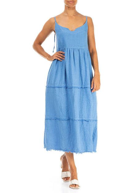 Tie Strap Tiered Cornflower Linen Dress 4