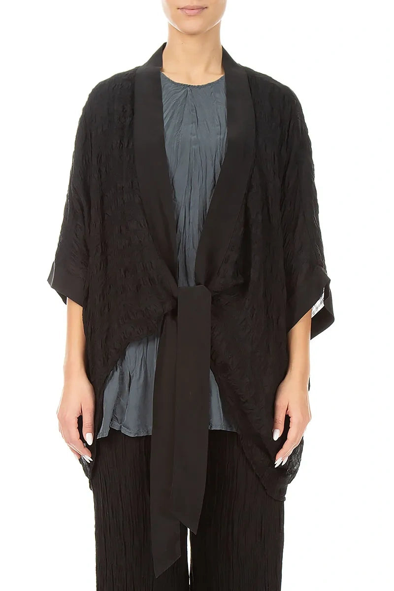 Tie Up Black Textured Silk Jacket