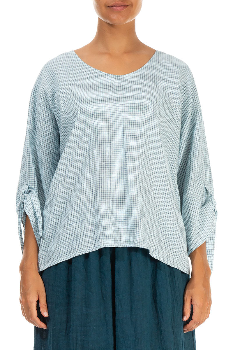 Tie Up Sleeves Blue Check Linen Blouse 1