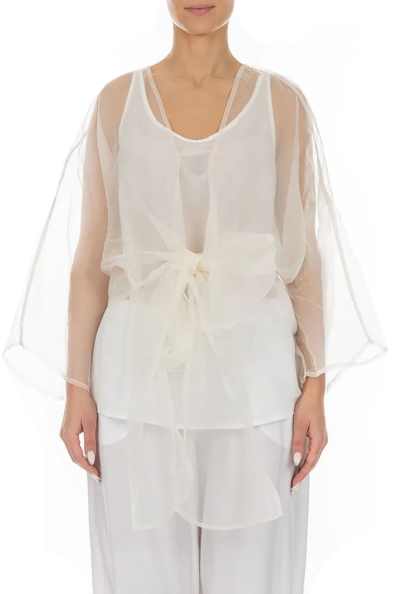 Tie Up White Silk Chiffon Jacket 1