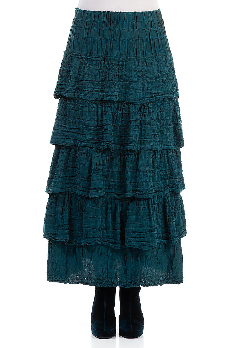 Tiered Crinkled Teal Silk Maxi Skirt 1