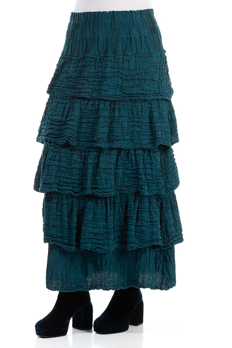 Tiered Crinkled Teal Silk Maxi Skirt 3