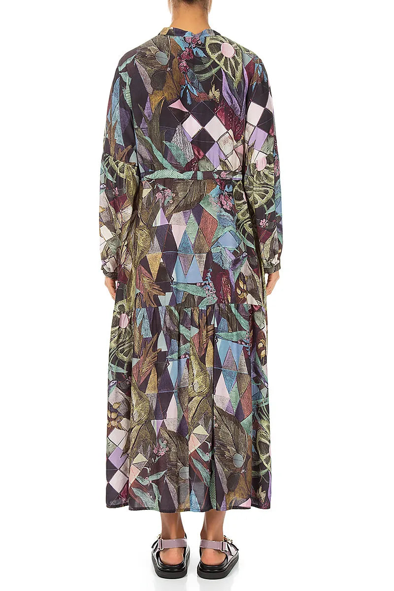 Tiered Tie Up Art Mosaic Silk Bamboo Dress