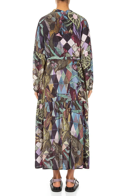 Tiered Tie Up Art Mosaic Silk Bamboo Dress