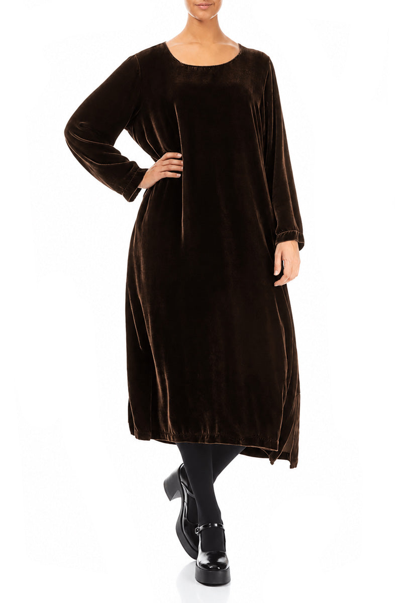 Truffle Brown Silk Velvet Shift Dress