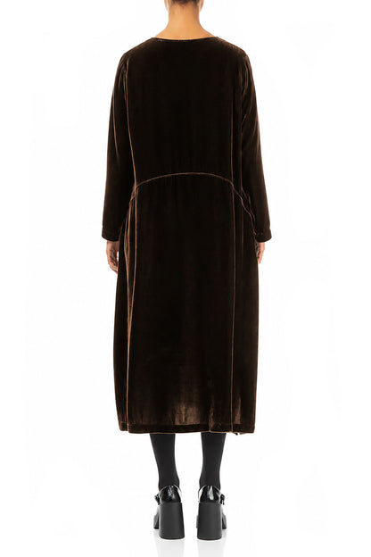Truffle Brown Silk Velvet Shift Dress
