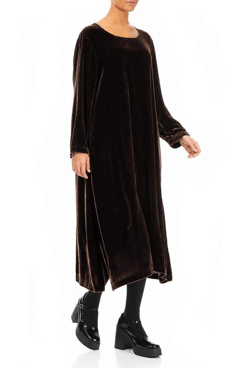 Truffle Brown Silk Velvet Shift Dress