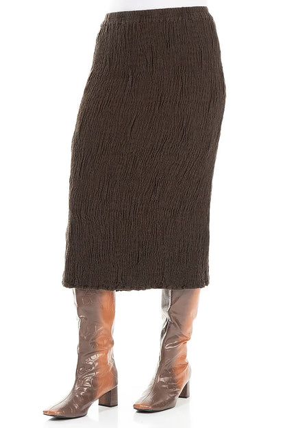 Truffle Brown Textured Silk Linen Pencil Skirt