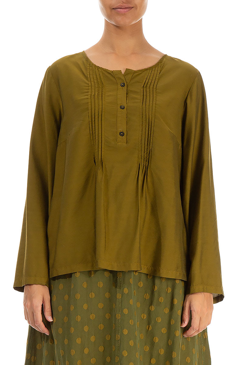 Tuck Front Olive Silk Bamboo Blouse 1