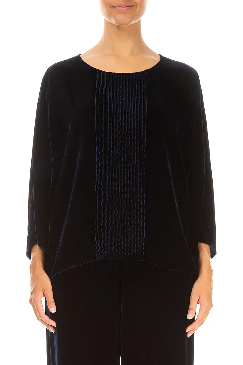 Tuck Front Royal Blue Silk Velvet Blouse