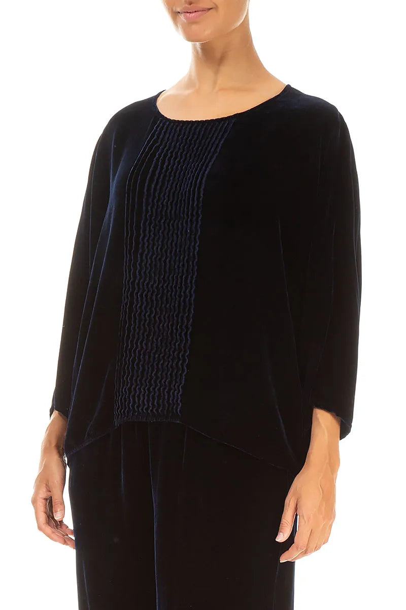 Chemisier en velours de soie bleu royal à plis sur le devant