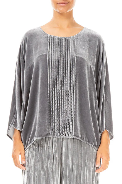 Tuck Front Silver Silk Velvet Blouse 1