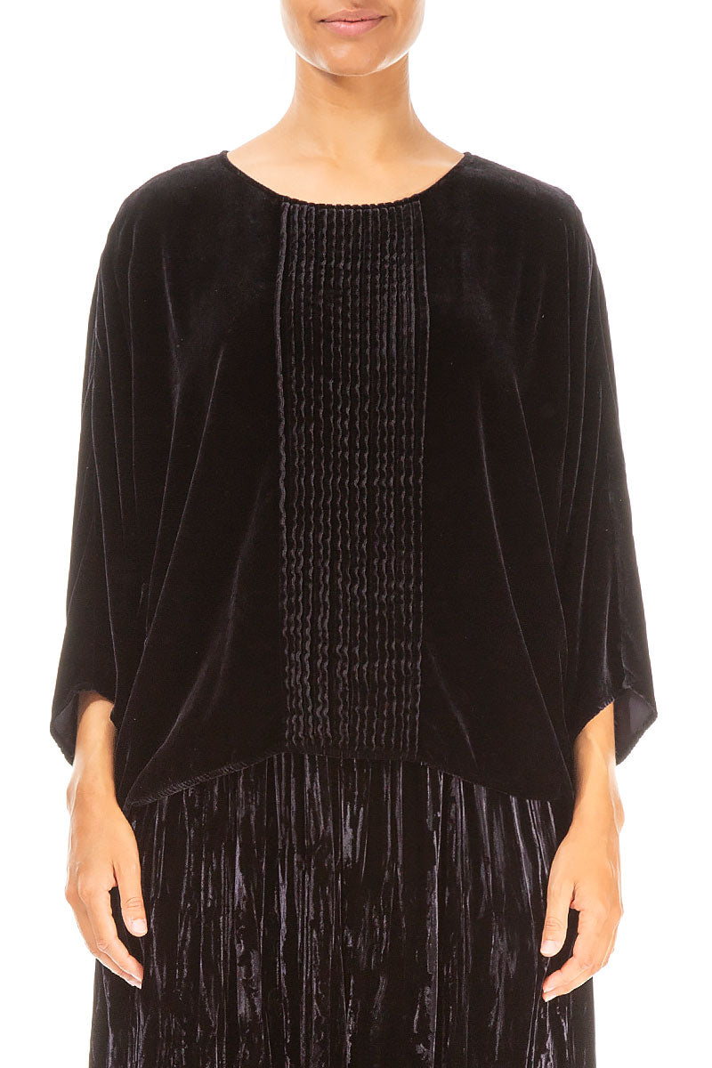 Tuck Front Slate Blue Silk Velvet Blouse