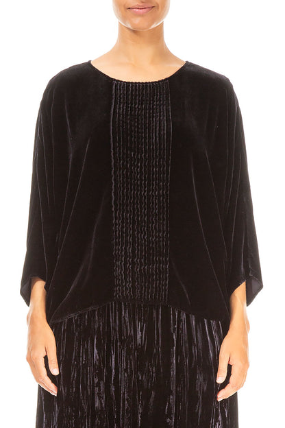 Tuck Front Slate Blue Silk Velvet Blouse