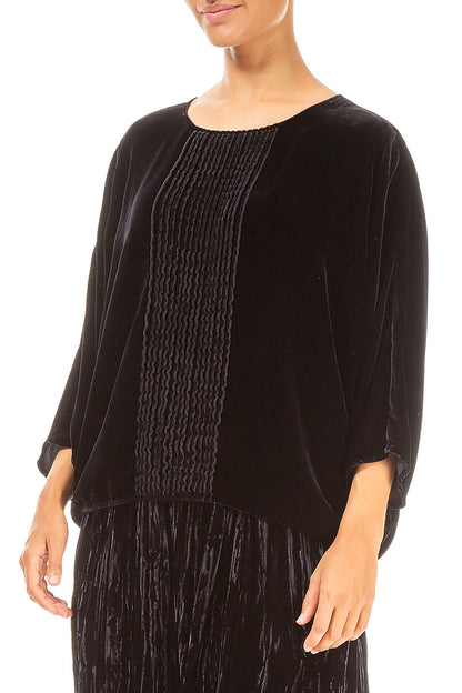 Tuck Front Slate Blue Silk Velvet Blouse