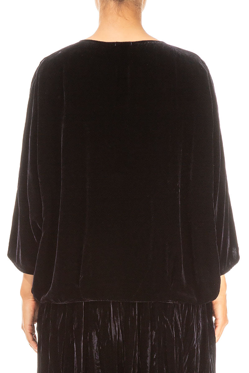 Tuck Front Slate Blue Silk Velvet Blouse