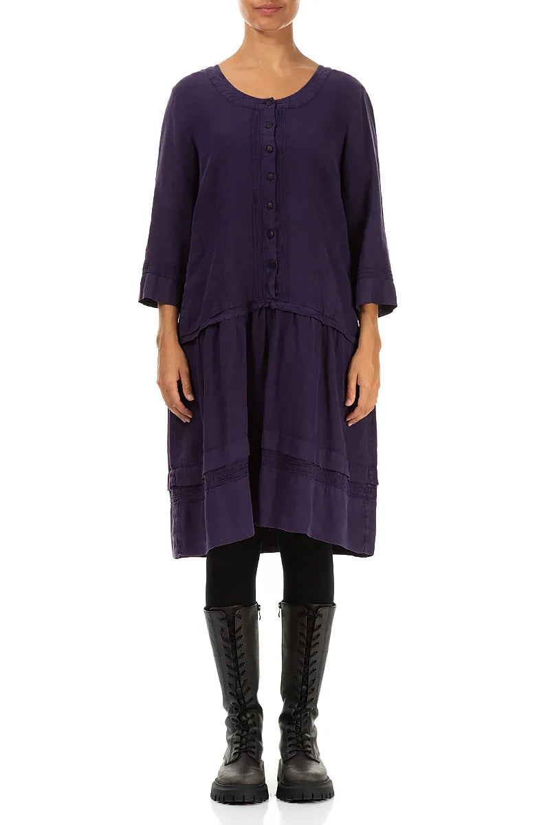 Tucks Decorated Flared Royal Purple Linen Dress 1