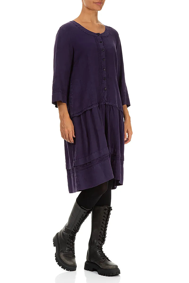 Tucks Decorated Flared Royal Purple Linen Dress 3