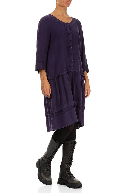 Tucks Decorated Flared Royal Purple Linen Dress 3