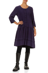Tucks Decorated Flared Royal Purple Linen Dress 4