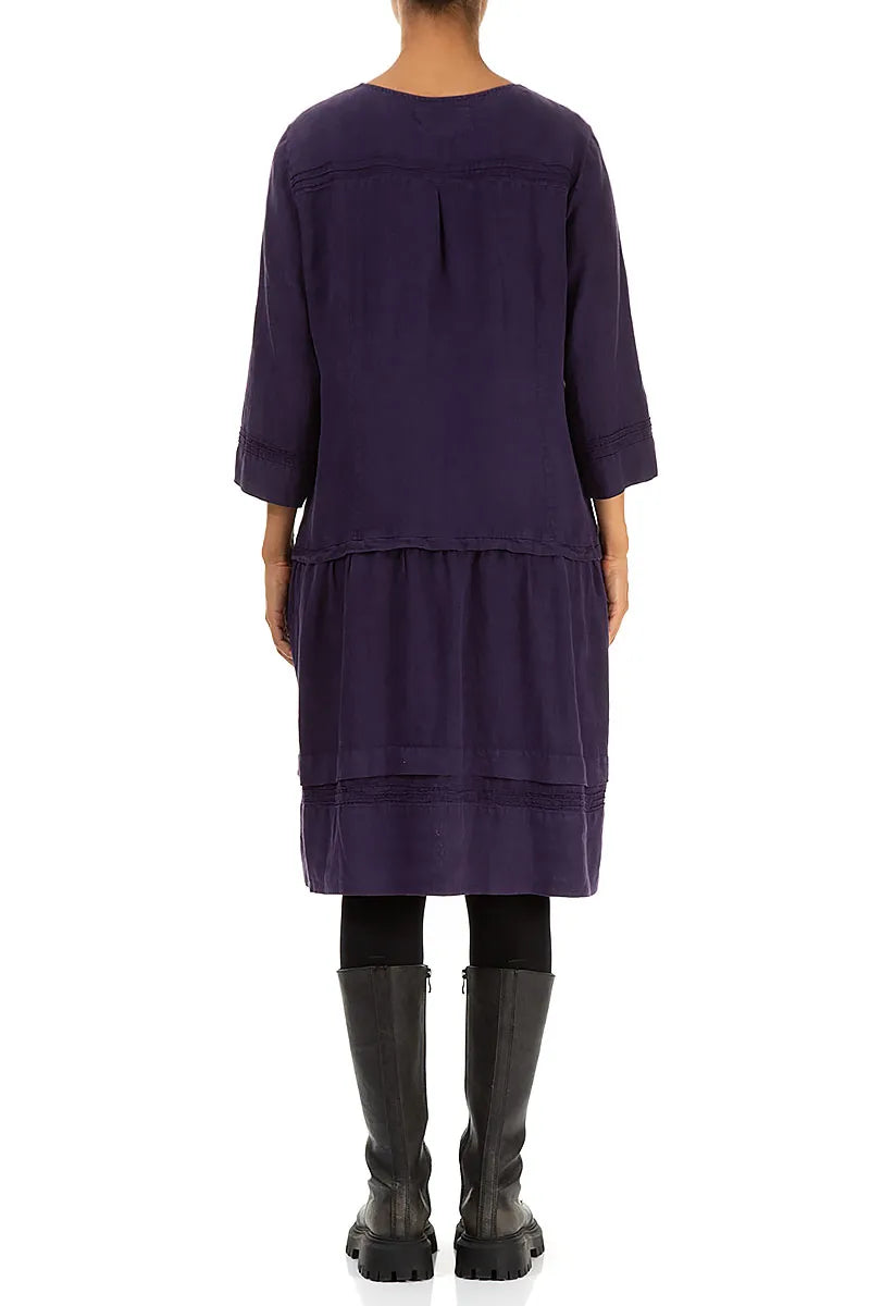 Tucks Decorated Flared Royal Purple Linen Dress 2