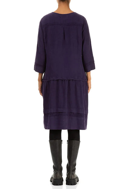 Tucks Decorated Flared Royal Purple Linen Dress 2