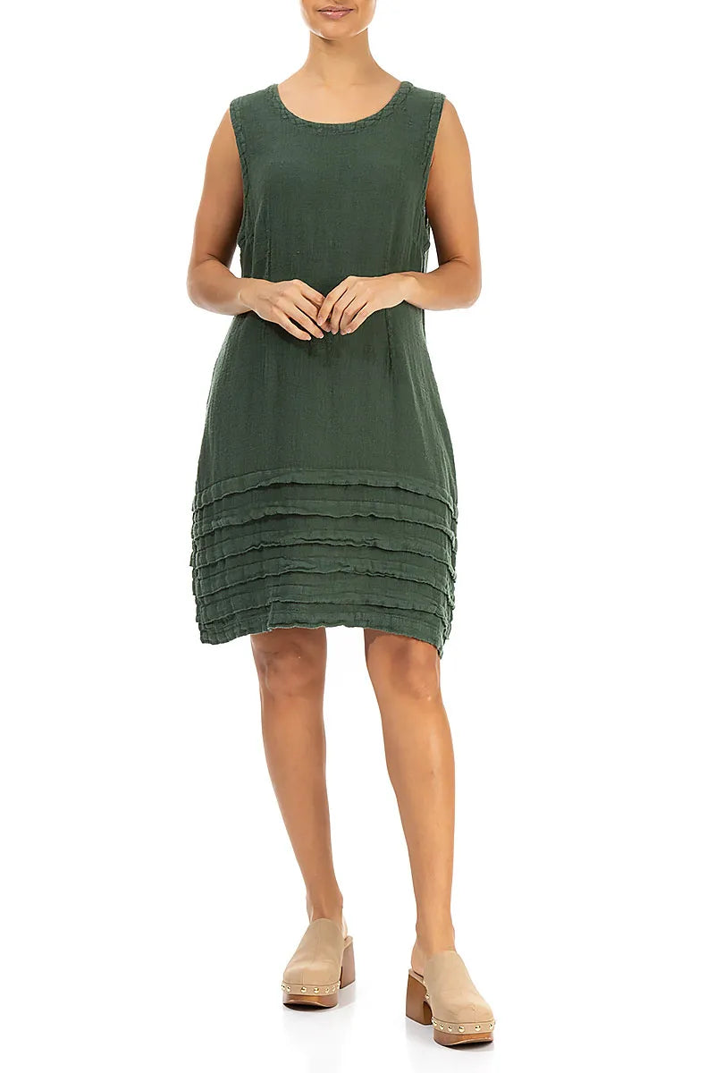 Kurzes khakifarbenes Leinenkleid mit Abnähern