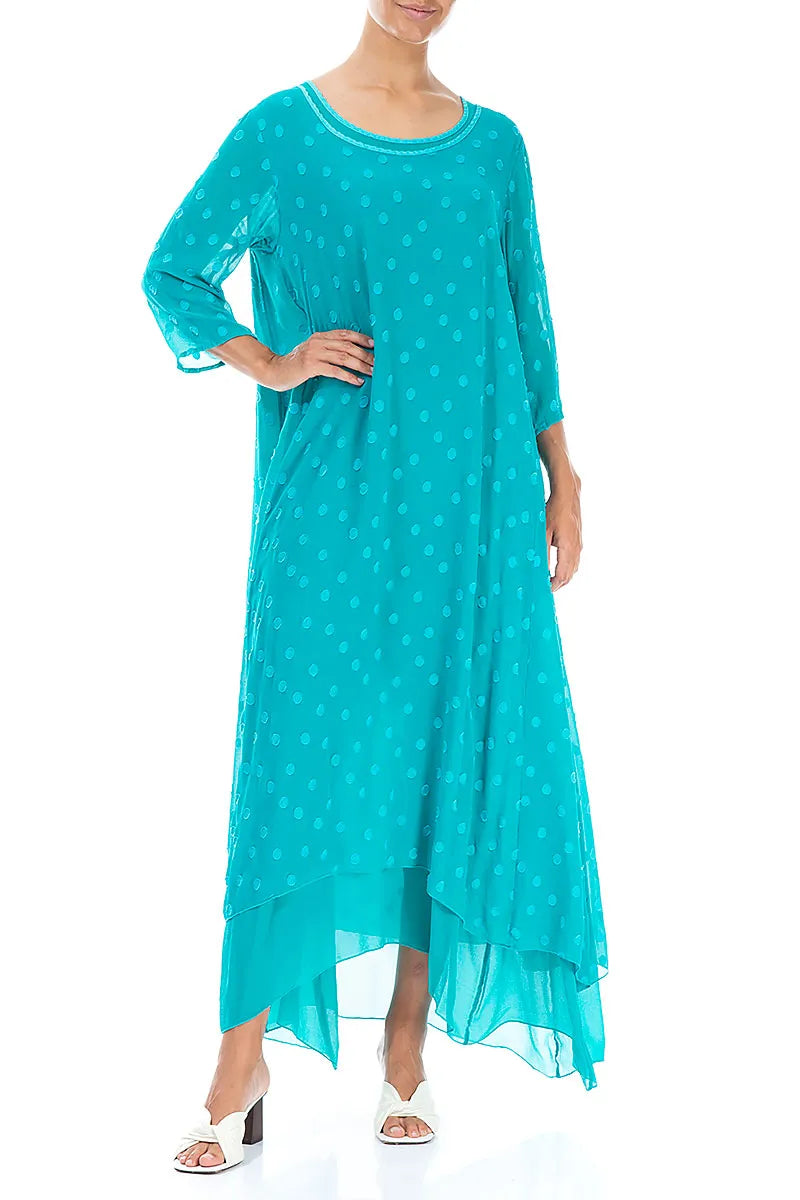 Turquoise Dotty Silk Maxi Dress 4