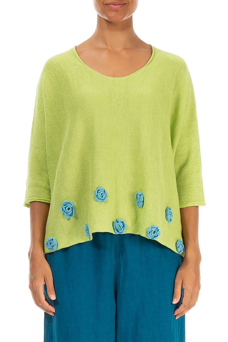Turquoise Flowers Decorated Lime Linen Jumper 1