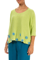 Turquoise Flowers Decorated Lime Linen Jumper 3