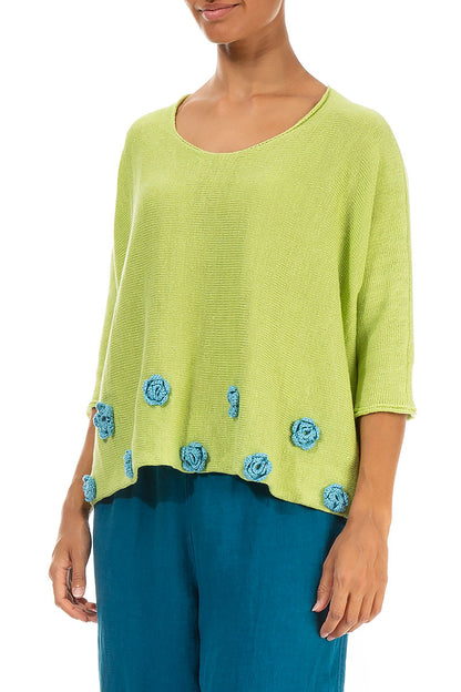 Turquoise Flowers Decorated Lime Linen Jumper 3