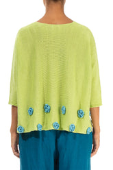 Turquoise Flowers Decorated Lime Linen Jumper 2