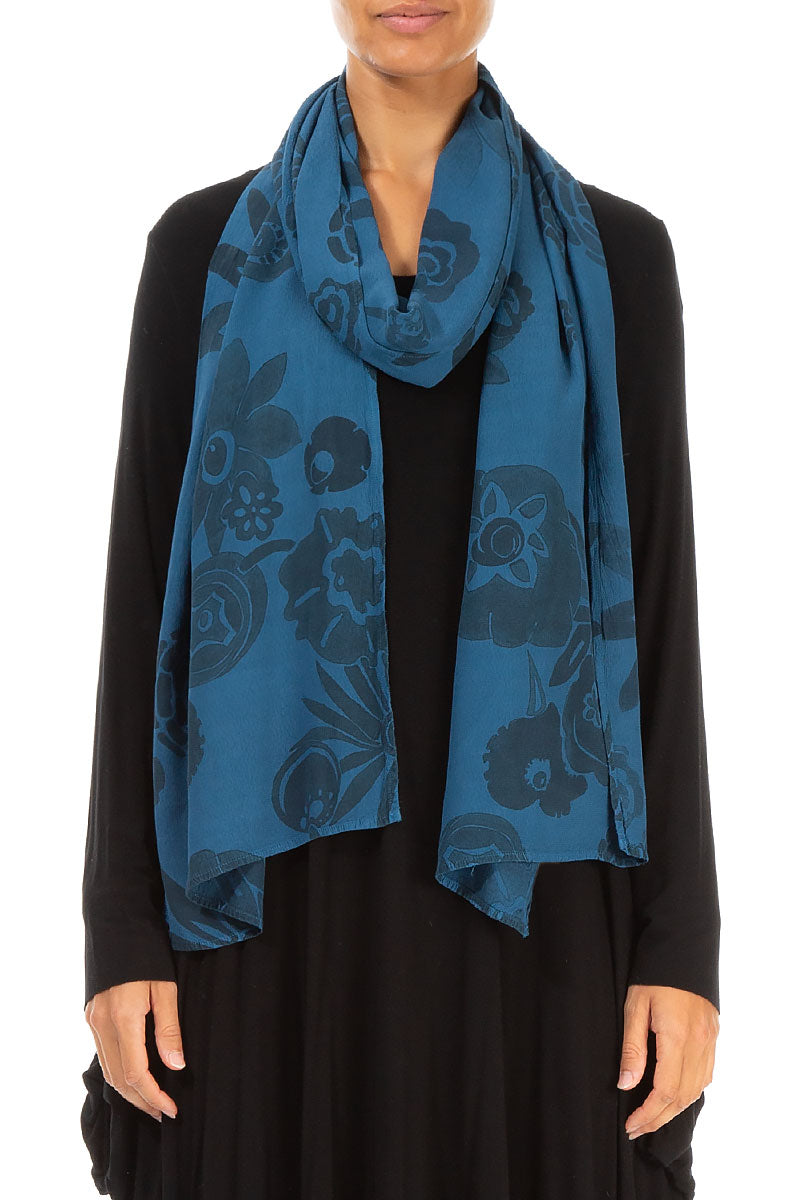Dark Turquoise Flowers Viscose Scarf 1