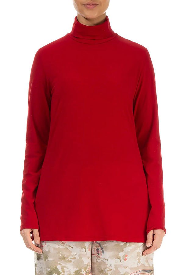 Turtleneck Cherry Red Cotton Blouse 1
