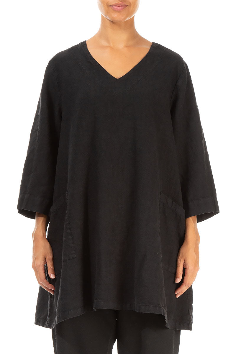 Twin Pockets Black Linen Tunic 1