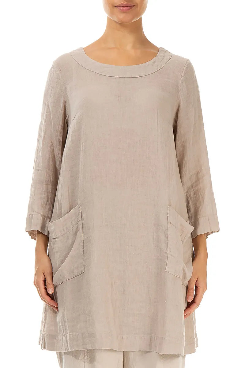 Two Pockets Beige Gauze Linen Tunic 1