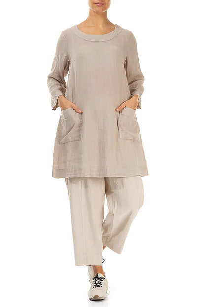 Two Pockets Beige Gauze Linen Tunic 4