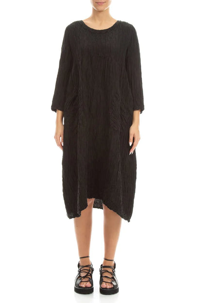 Two Pockets Black Crinkled Silk Linen Dress 1