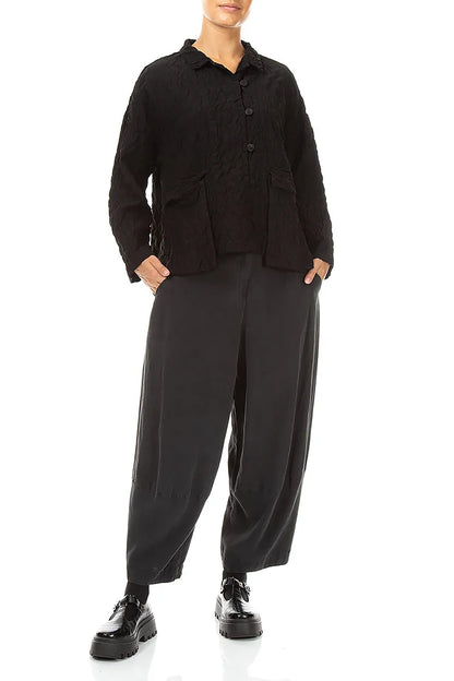 Two Pockets Black Pleated Silk Bamboo Jacket 4