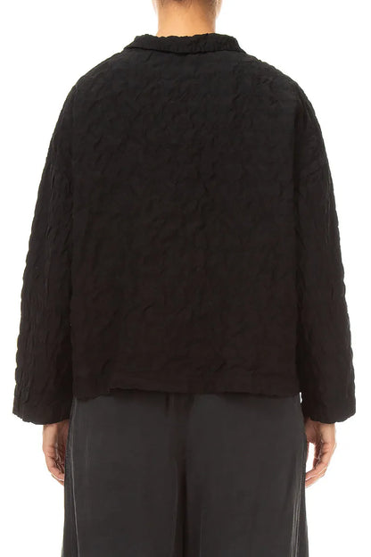 Two Pockets Black Pleated Silk Bamboo Jacket 2