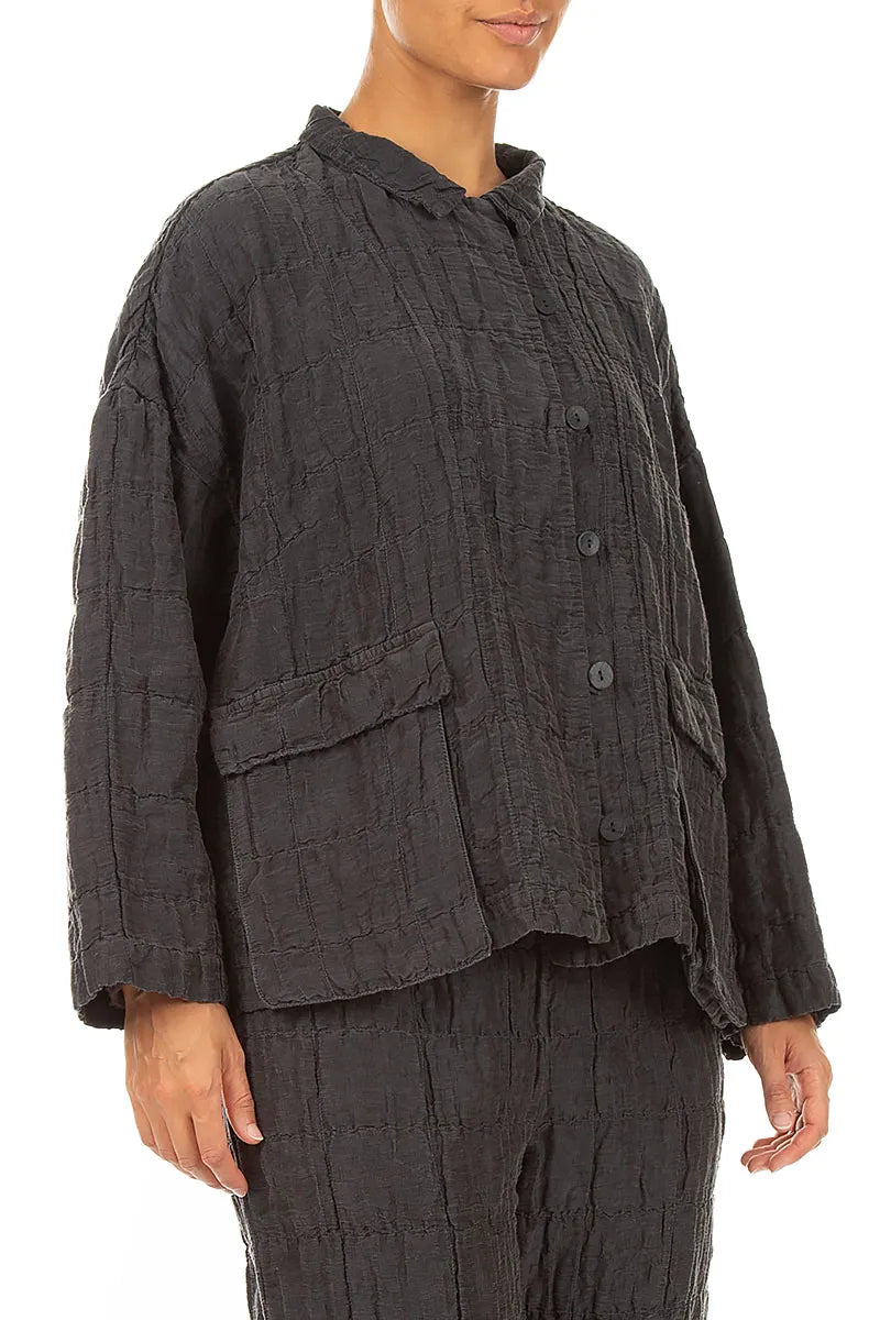 Two Pockets Charcoal Pleated Silk Linen Jacket 3
