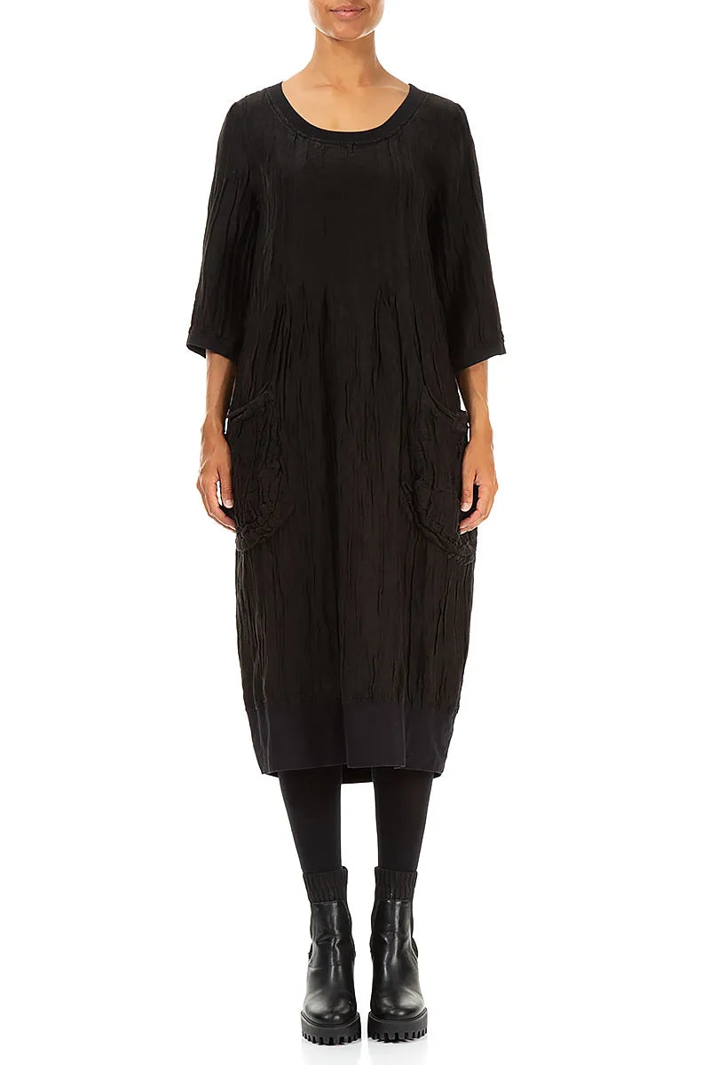 Two Pockets Crinkled Black Silk Linen Midi Dress 1