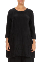 Two Pockets Crinkled Black Silk Linen Tunic 1