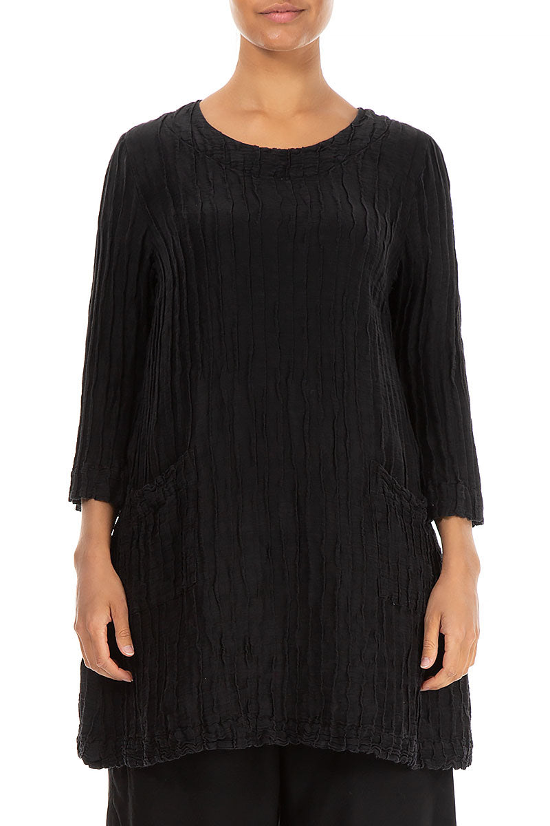 Two Pockets Crinkled Black Silk Linen Tunic 1