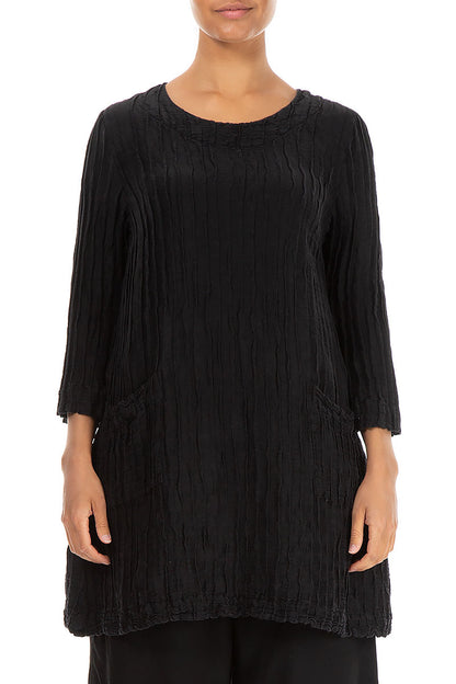Two Pockets Crinkled Black Silk Linen Tunic 1